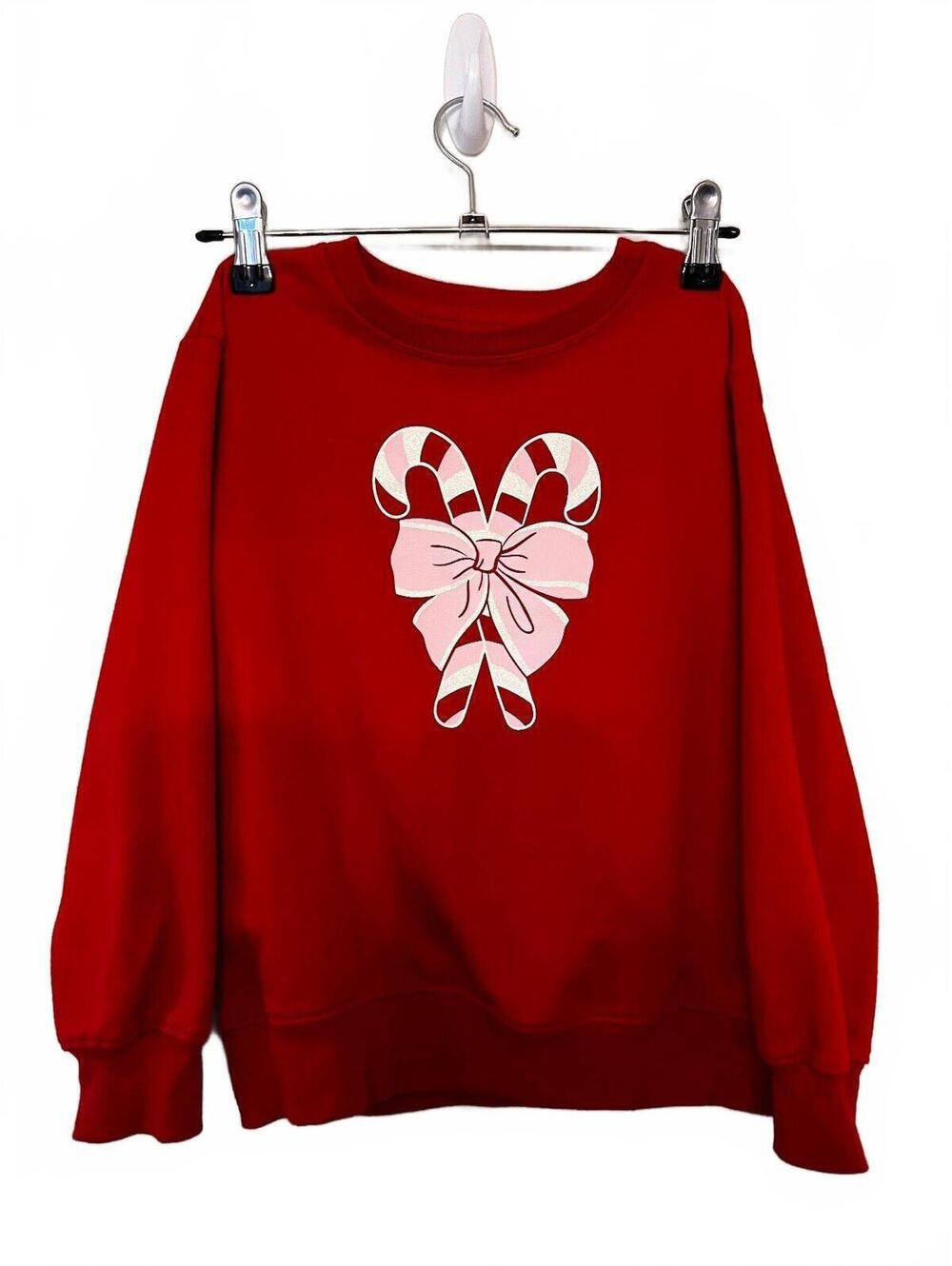 Holiday Time Red Sweatshirt with Candy Cane and Bow Graphic, Size Small